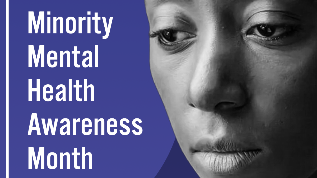 Woman looking somberly to left with caption Minority Mental Health Awareness Month